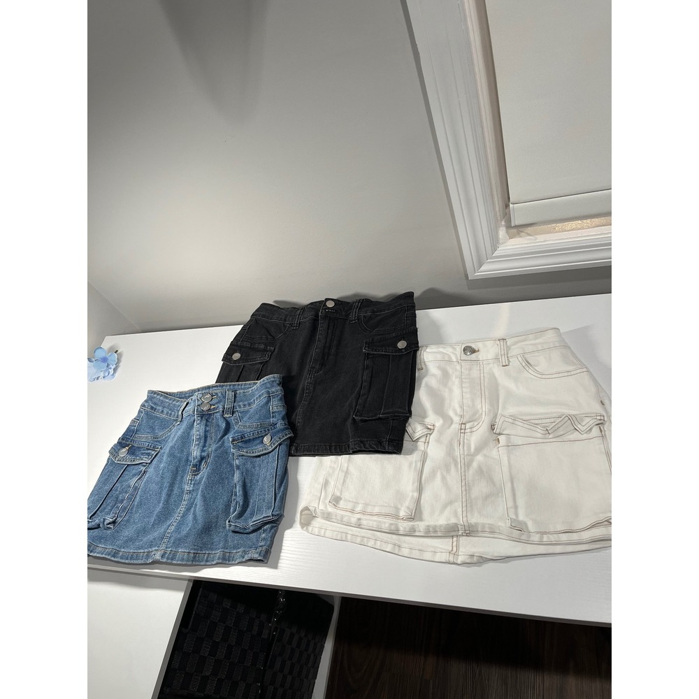 bundle love‎ Tree Denim Cargo white Mini Skirt with Black and blue skirt S Y2K